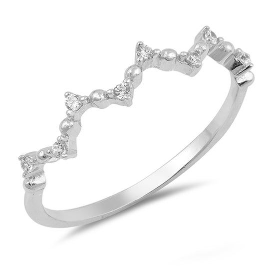 Clear CZ Thin Pointed Beaded Stackable Ring .925 Sterling Silver Band Sizes 4-10