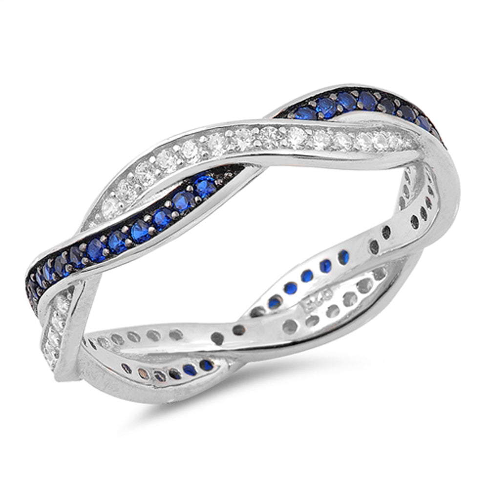 Blue Sapphire CZ Eternity Loop Wedding Ring .925 Sterling Silver Band Sizes 5-10