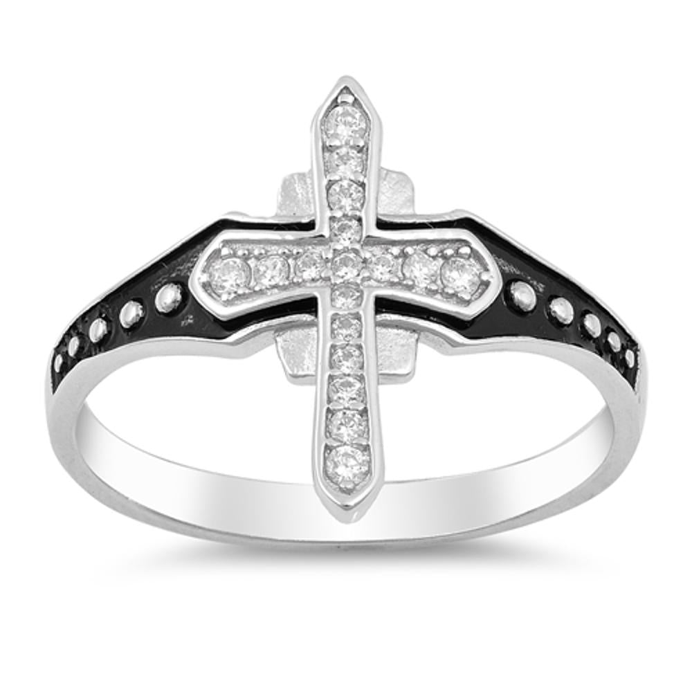 Clear CZ Medieval Cross Ring .925 Sterling Silver Oxidized Black Band Sizes 4-10