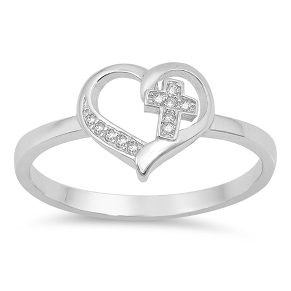 Clear CZ Cross Heart Love Promise Christian Ring Sterling Silver Band Sizes 4-10