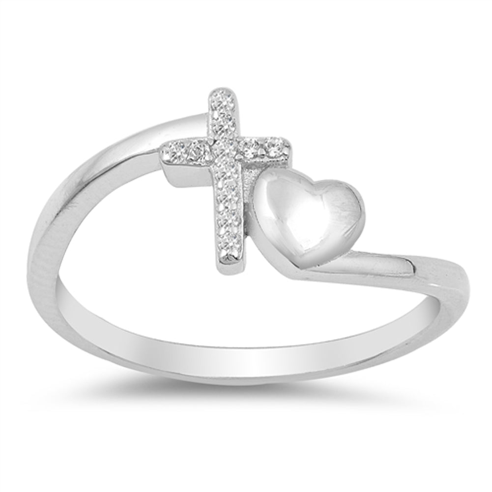 Clear CZ Beautiful Cross Heart Promise Ring .925 Sterling Silver Band Sizes 4-10