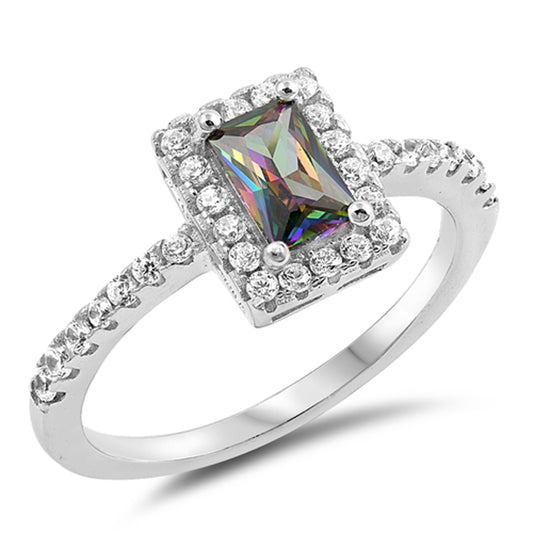 Rainbow Topaz CZ Rectangle Halo Dainty Ring .925 Sterling Silver Band Sizes 5-10