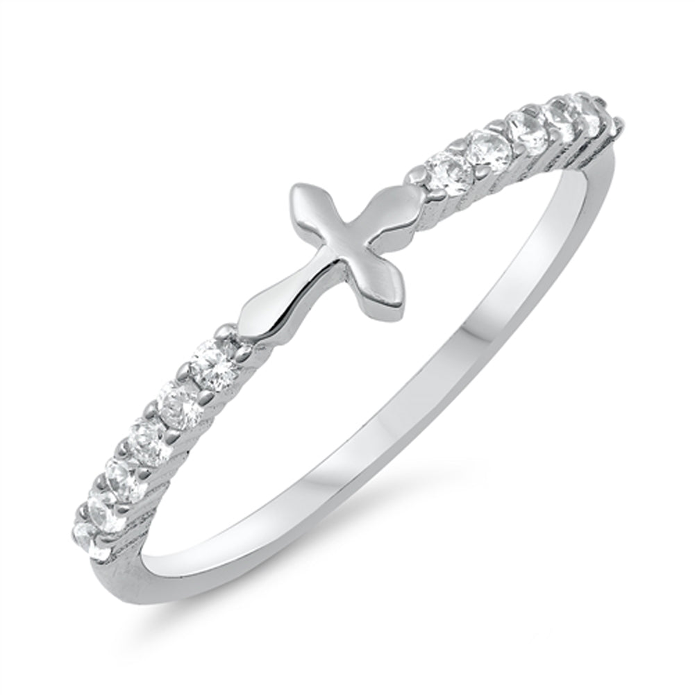 Clear CZ Sideways Cross Christian Purity Ring Sterling Silver Band Sizes 4-10