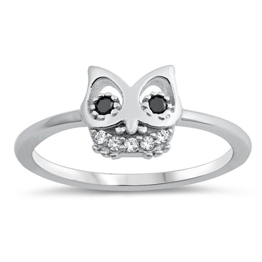 Black CZ Cute Owl Animal Bird Nature Ring .925 Sterling Silver Band Sizes 5-10