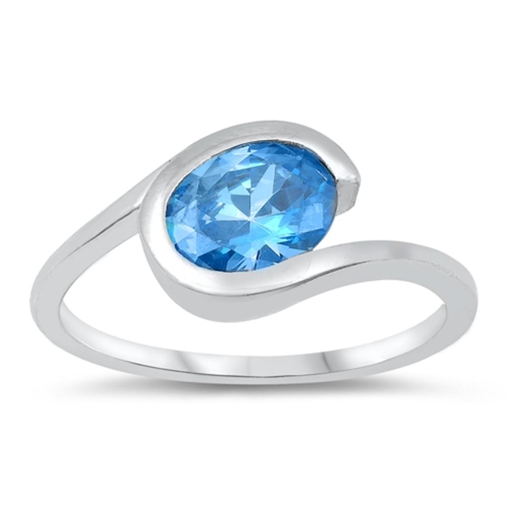 Blue Topaz CZ Oval Tension Wave Ring New .925 Sterling Silver Band Sizes 4-10