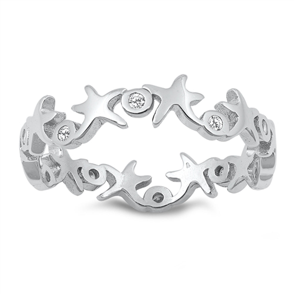 White CZ Starfish XO Eternity Friendship Ring Sterling Silver Band Sizes 4-10