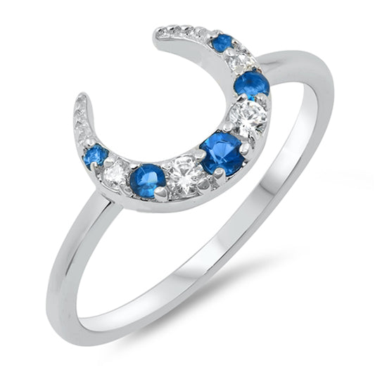 Blue Sapphire CZ Crescent Moon Sparkle Ring .925 Sterling Silver Band Sizes 5-10