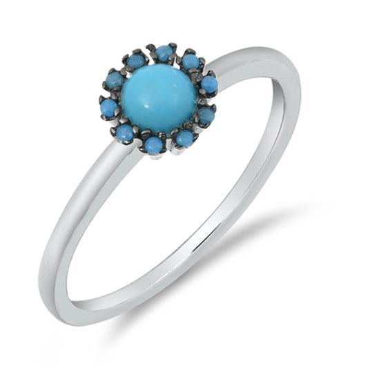 Turquoise Blue Flower Halo Dainty Ring New .925 Sterling Silver Band Sizes 4-10