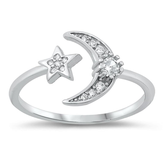 Open Moon Star Ring Clear CZ Adjustable New .925 Sterling Silver Band Sizes 4-10