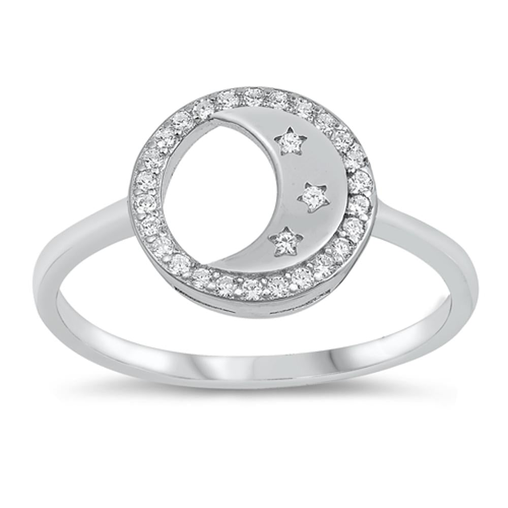 Open Moon Star Halo Ring Clear CZ New .925 Sterling Silver Band Sizes 4-10