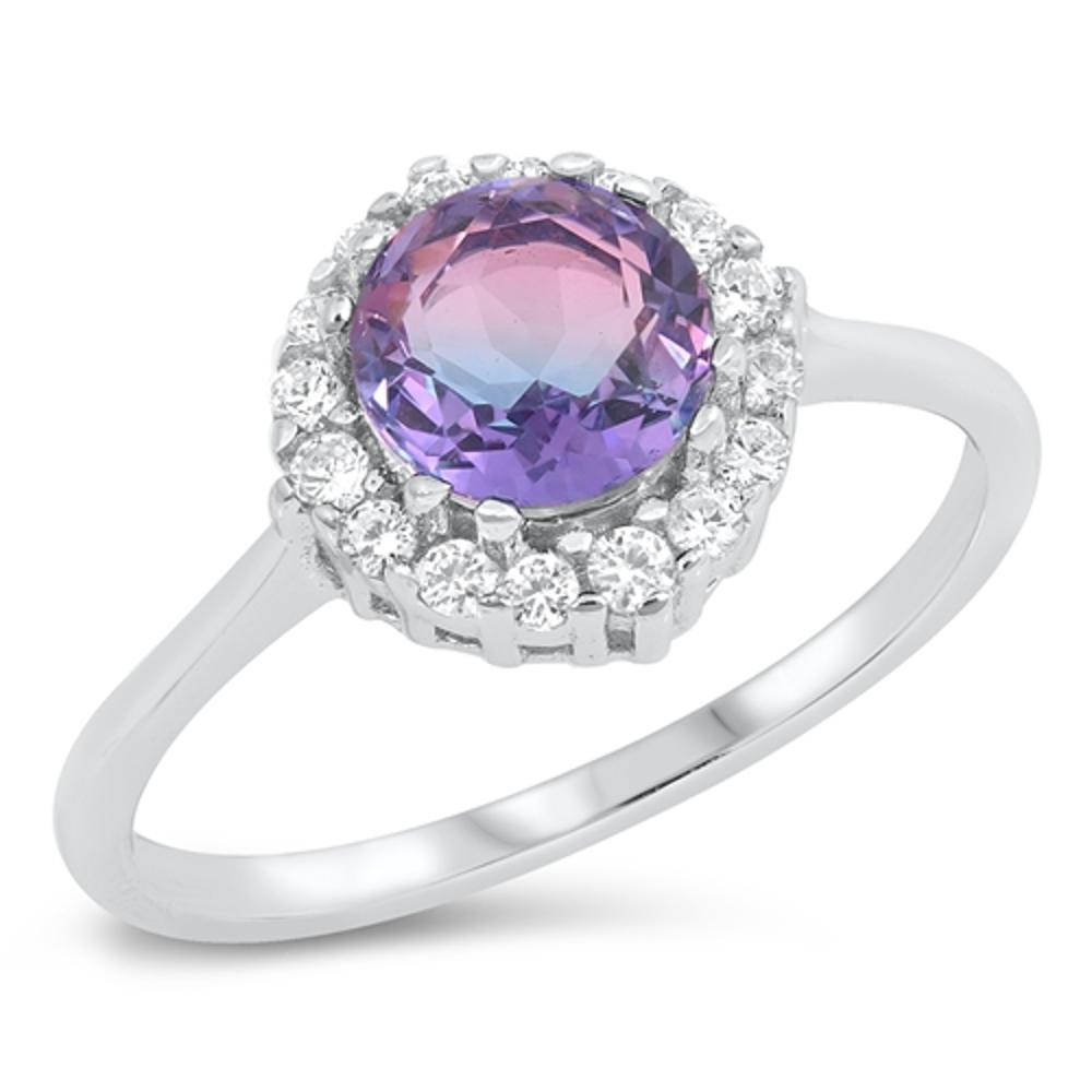 Elegant Purple Rainbow CZ Halo Promise Ring .925 Sterling Silver Band Sizes 4-10