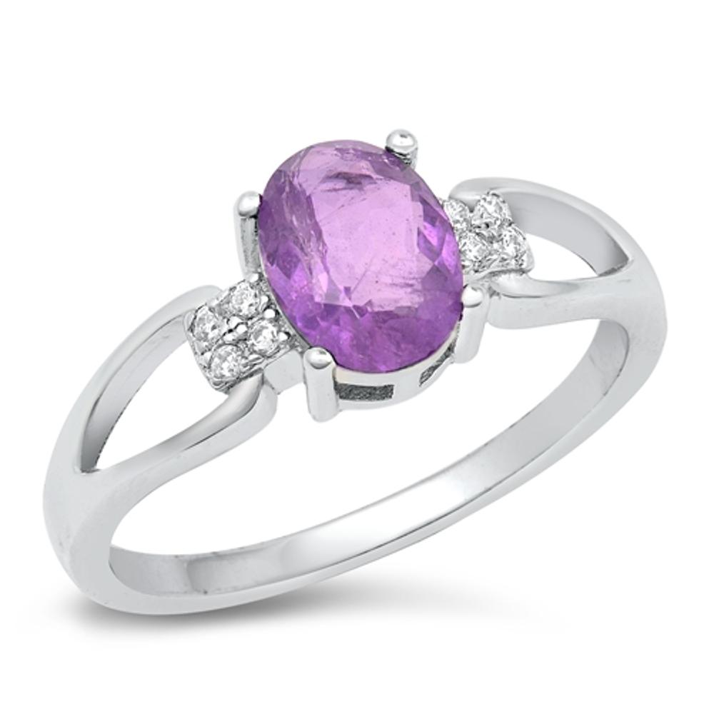 Oval Amethyst CZ Simple Promise Ring New .925 Sterling Silver Band Sizes 4-10