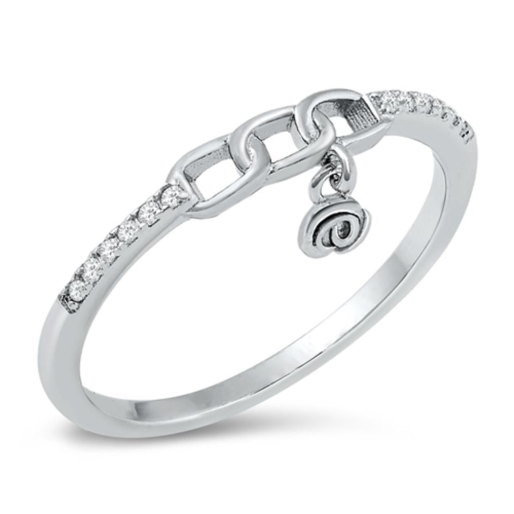 Clear CZ Chain Dangling Rose Buckle Ring .925 Sterling Silver Band Sizes 4-10