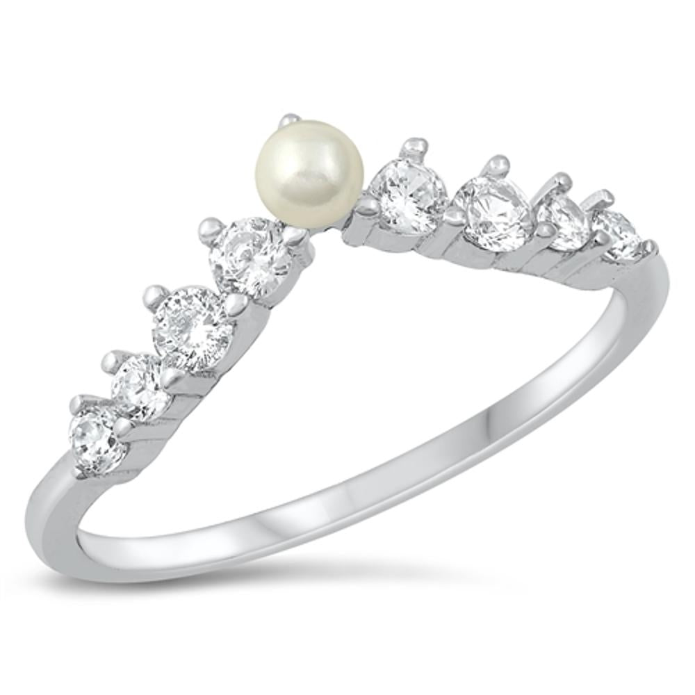 Clear CZ Freshwater Pearl Beautiful Ring .925 Sterling Silver Band Sizes 4-10