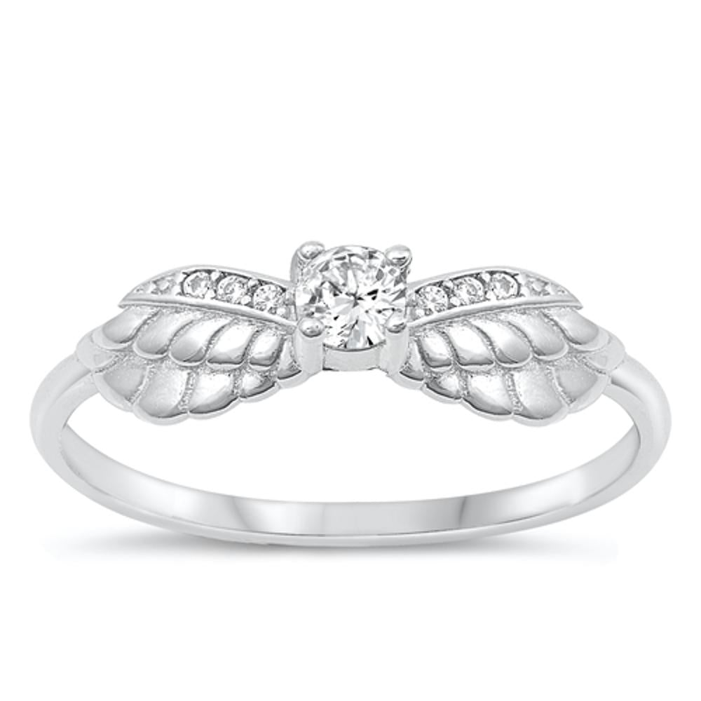 Sterling Silver White CZ Angel Wings Ring