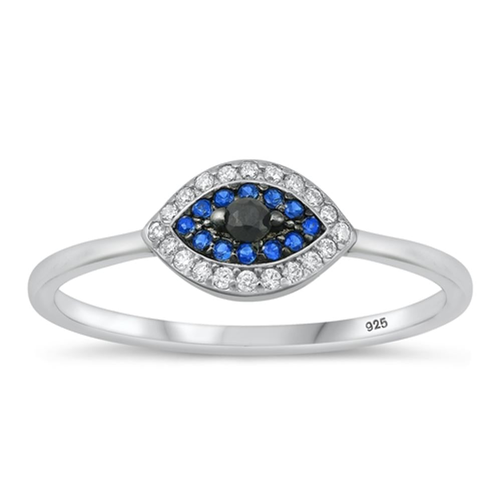 Sterling Silver Clear & Blue Topaz CZ Eye Ring