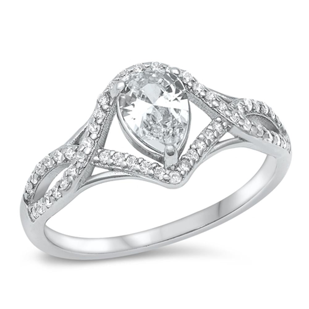 Clear Pear CZ Unique Wave Love Ring New .925 Sterling Silver Band Sizes 4-10