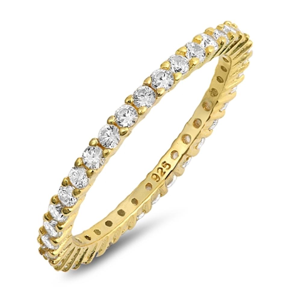 Sterling Silver Woman's Gold Tone Clear CZ Ring Wedding 925 Band 2mm Sizes 4-12