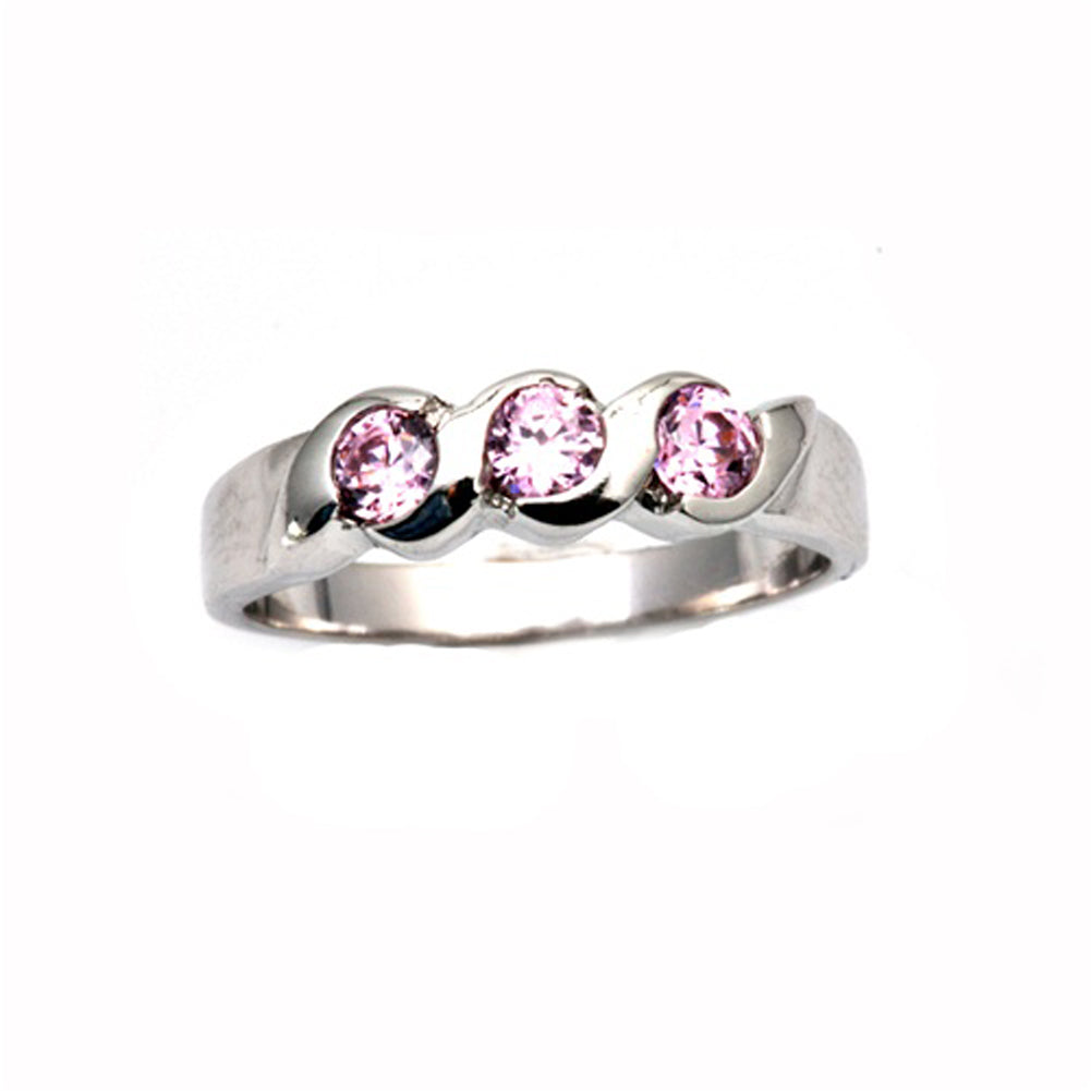 Pink CZ Fashion Triple Studded Promise Ring New .925 Sterling Silver Band Sizes 2-4