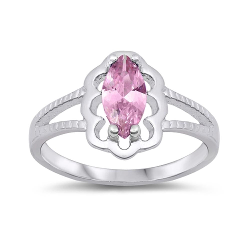 Pink CZ Marquise Flower Halo Cute Ring New .925 Sterling Silver Band Sizes 1-6