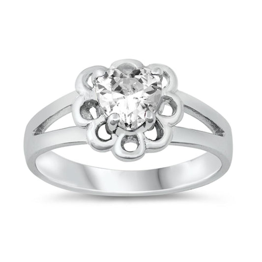 Clear CZ Heart Love Flower Cutout Ring New .925 Sterling Silver Band Sizes 1-5