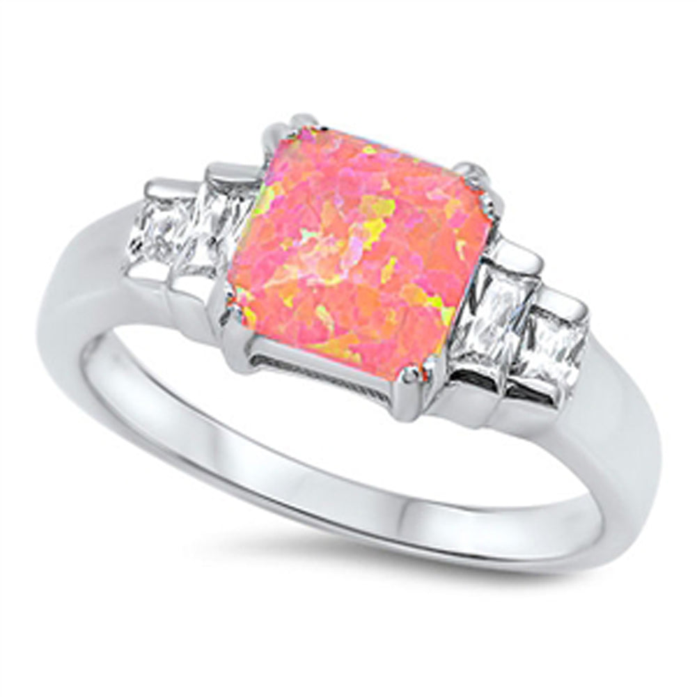 Clear CZ Pink Lab Opal Square Classic Ring .925 Sterling Silver Band Sizes 5-10