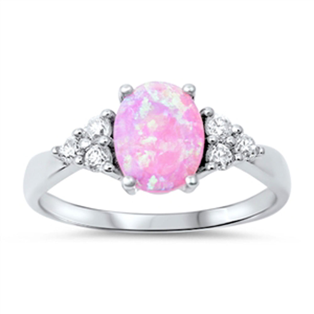 Oval Pink Lab Opal Clear CZ Cluster Ring New 925 Sterling Silver Band Sizes 4-12