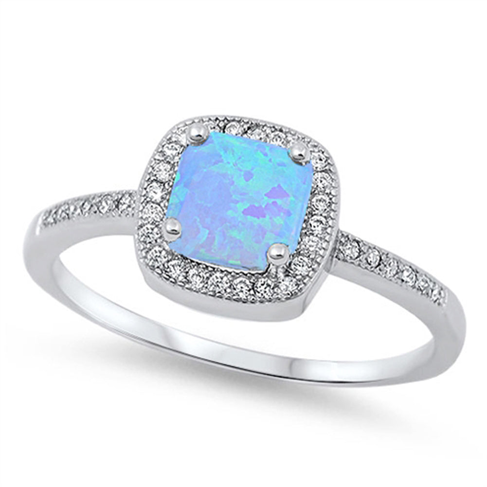 White CZ Blue Lab Opal Square Halo Ring New .925 Sterling Silver Band Sizes 4-12