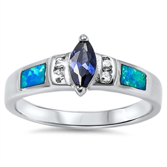 Blue Sapphire CZ Lab Opal Accent Ring New .925 Sterling Silver Band Sizes 6-10