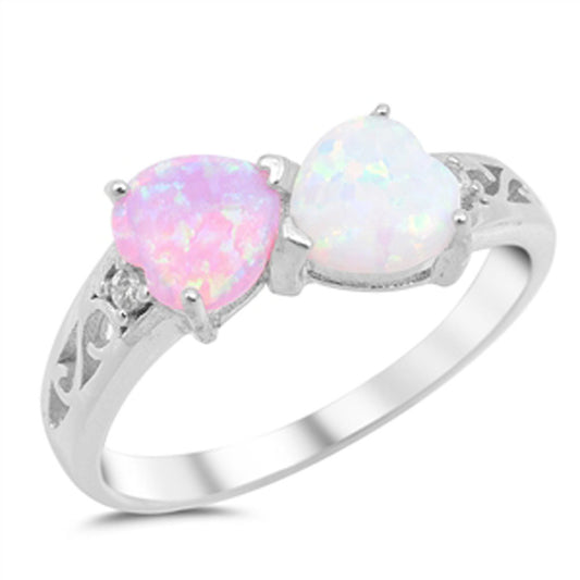 Heart White Pink Lab Opal Promise Ring New .925 Sterling Silver Band Sizes 4-12