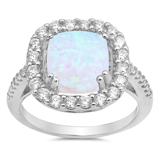 Clear CZ White Lab Opal Halo Wedding Ring .925 Sterling Silver Band Sizes 5-10