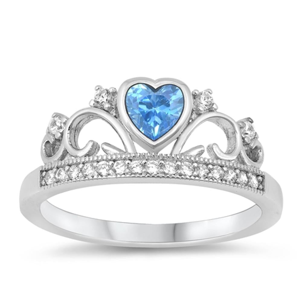 Sterling Silver Blue Topaz  Heart Crown Ring