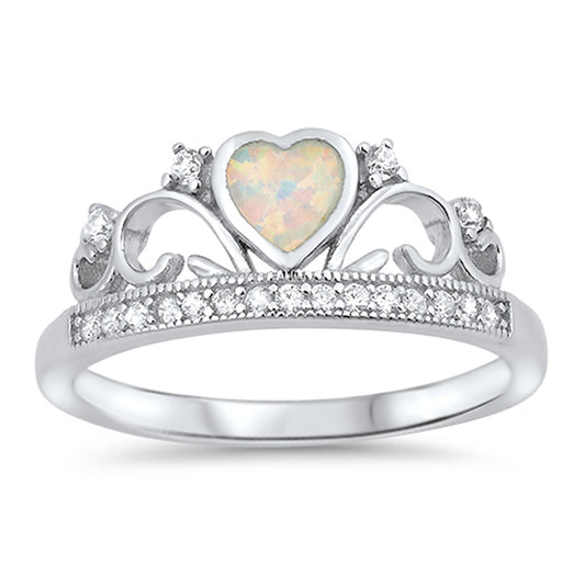 White Lab Opal Heart Tiara Crown Promise Ring Sterling Silver Band Sizes 4-12