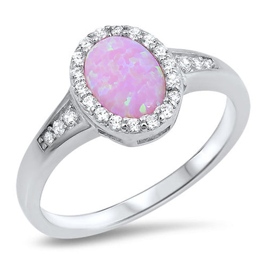 Oval Pink Lab Opal Halo Fashion Bride Ring .925 Sterling Silver Band Sizes 4-10