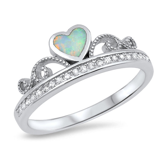 White Lab Opal Heart Tiara Crown Promise Ring Sterling Silver Band Sizes 4-12