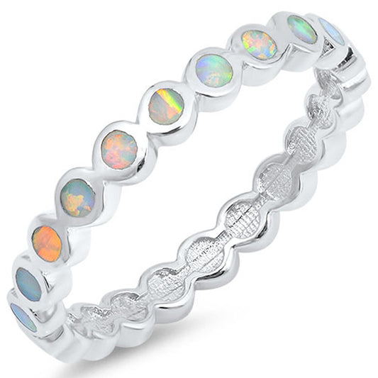 Eternity Round White Lab Opal Stackable Ring New Sterling Silver Band Sizes 4-12