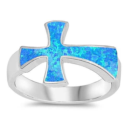 Blue Lab Opal Large Wide Heavy Cross Ring .925 Sterling Silver Band Sizes 5-10