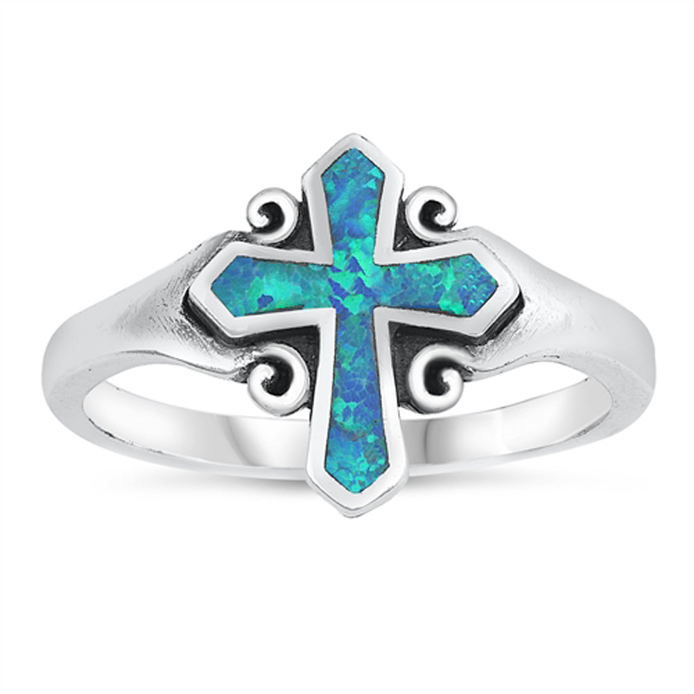 Blue Lab Opal Cross Oxidized Fire Ring New .925 Sterling Silver Band Sizes 5-10