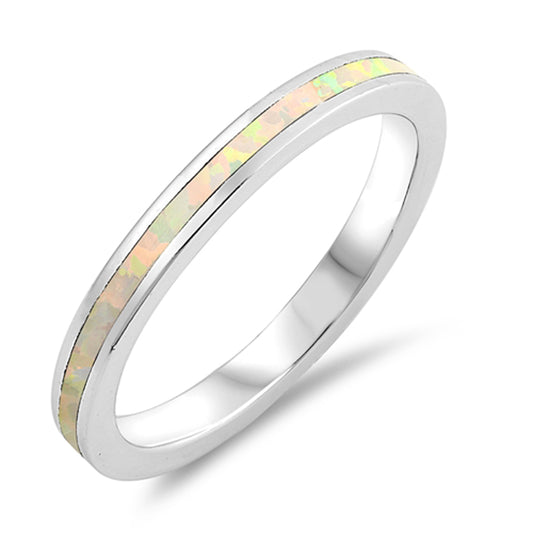 Inlay White Lab Opal Thin Line Wedding Ring .925 Sterling Silver Band Sizes 5-10