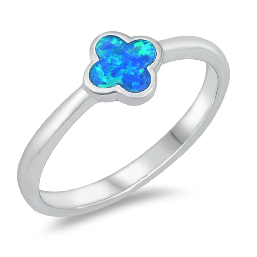 Blue Lab Opal Quatrefoil Flower Unique Ring New .925 Sterling Silver Band Sizes 4-10