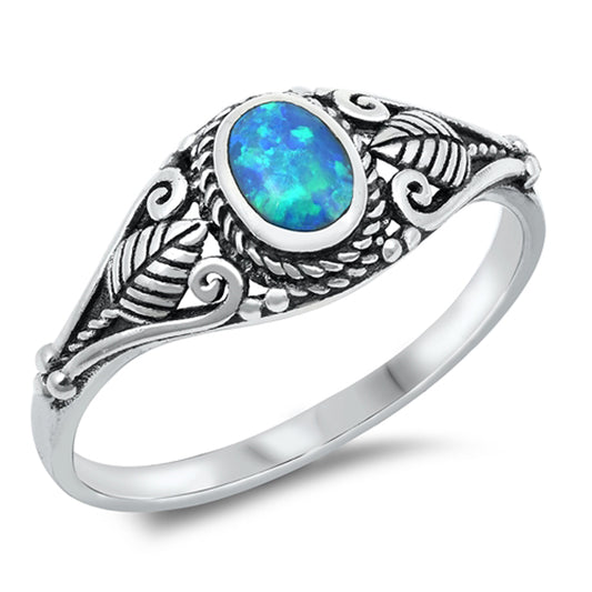 Blue Lab Opal Ornate Rope Knot Leaf Detail Band Sterling Silver Ring Sizes 4-10