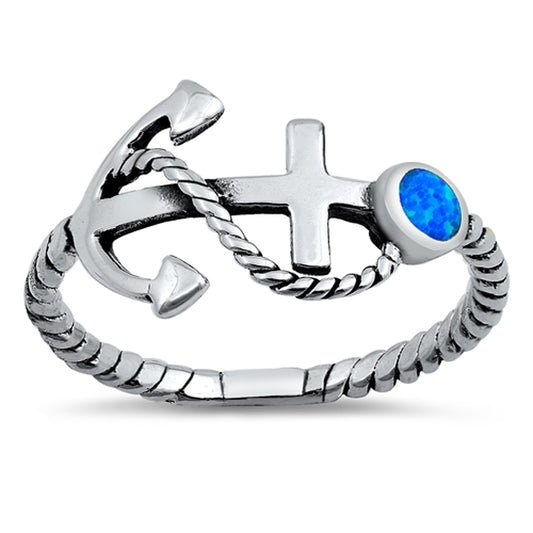 Blue Lab Opal Sideways Anchor Navy New .925 Sterling Silver Band Sizes 5-10