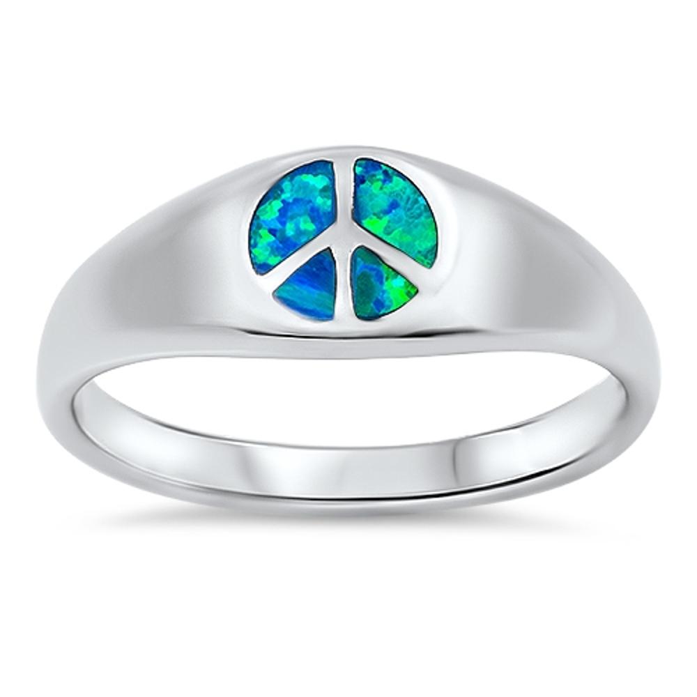 Unique Peace Sign Love Ring Blue Lab Opal .925 Sterling Silver Band Sizes 5-10