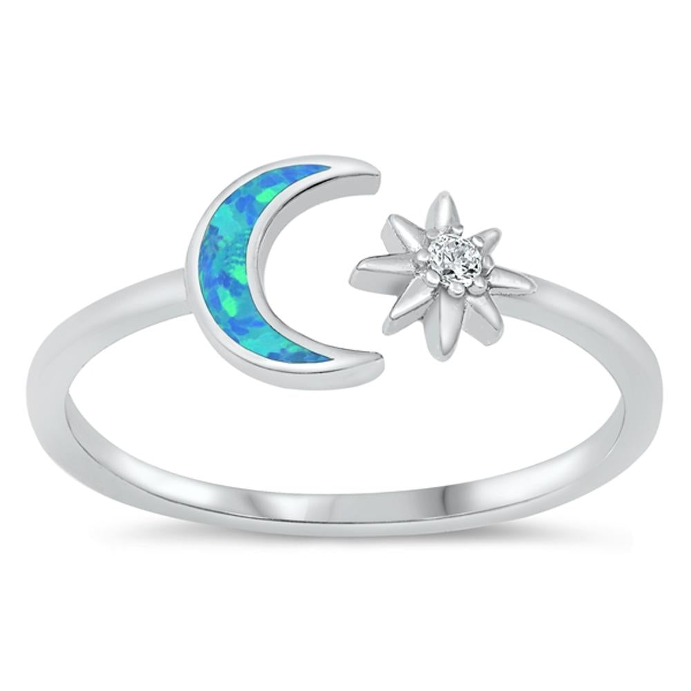 Blue Lab Opal Adjustable Moon Star Ring New .925 Sterling Silver Band Sizes 5-10