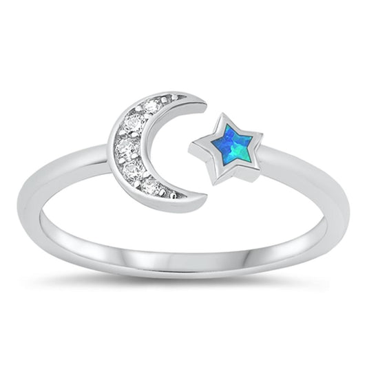 Sterling Silver Blue Lab Opal Moon & Star Ring