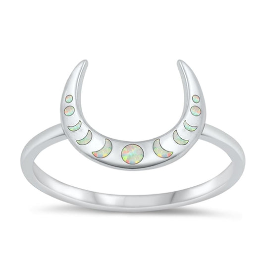 Sterling Silver White Lab Opal Crescent Moon Phase Ring