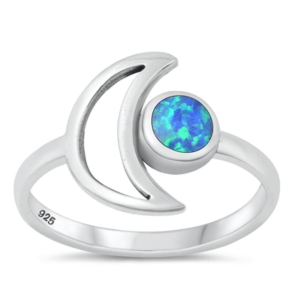 Sterling Silver Blue Lab Opal Crescent Moon Ring