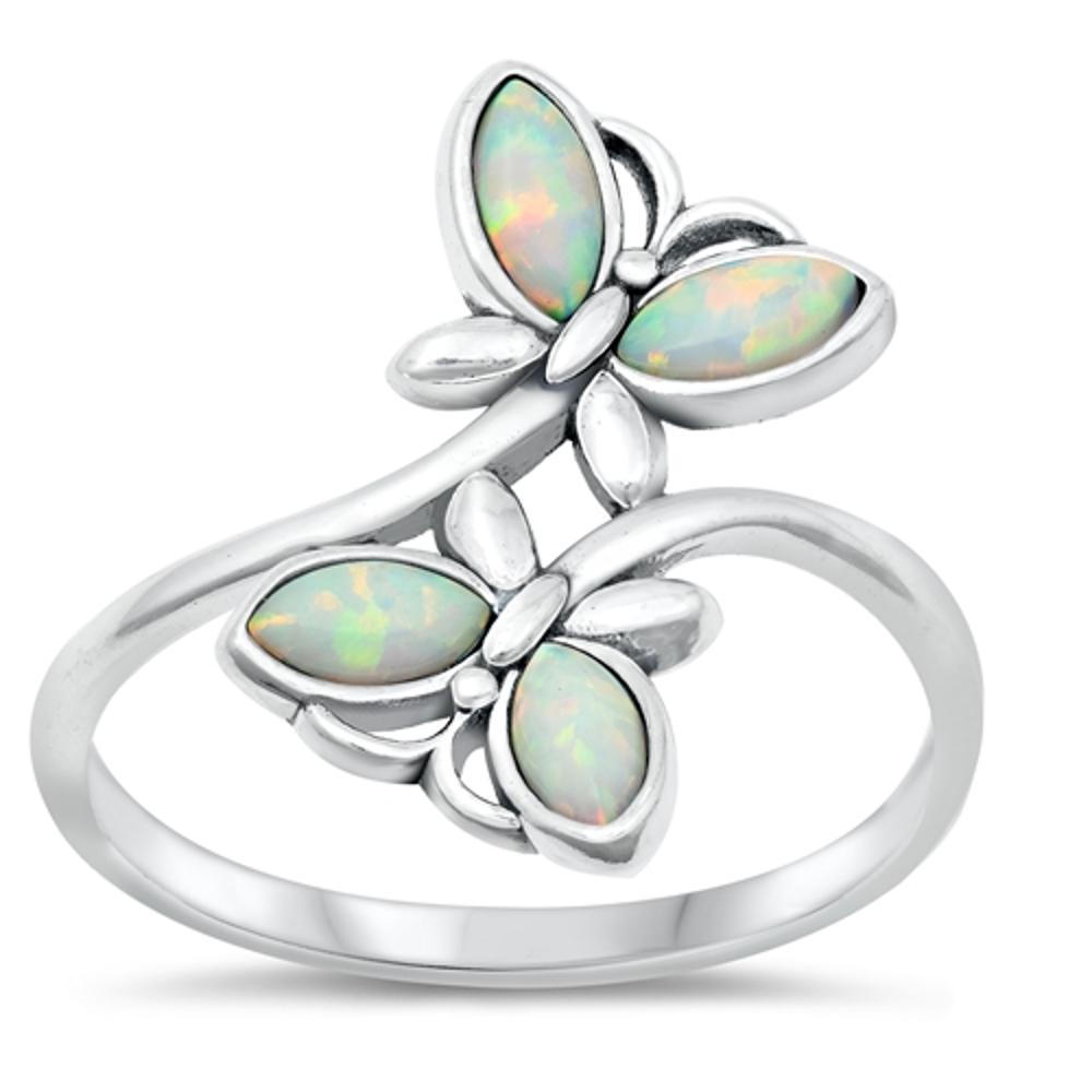 Sterling Silver White Lab Opal Butterfly Ring