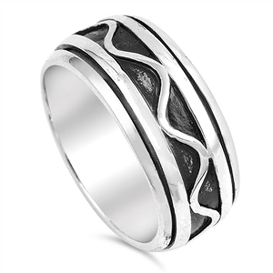 Oxidized Wave Spinner Wedding Ring .925 Sterling Silver Band Sizes 8-13