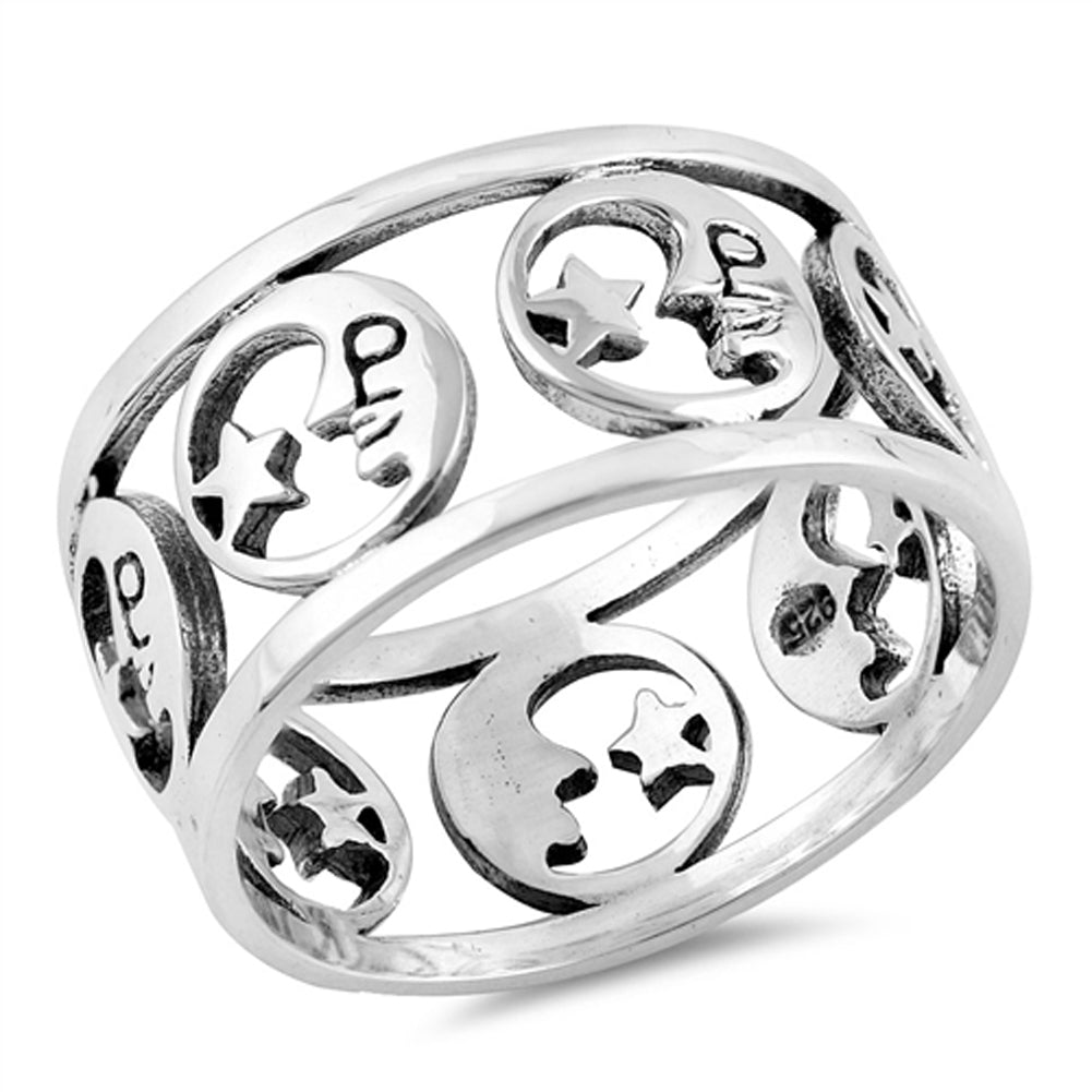 Eternity Moon Star Galaxy Wide Fantasy Ring .925 Sterling Silver Band Sizes 4-10